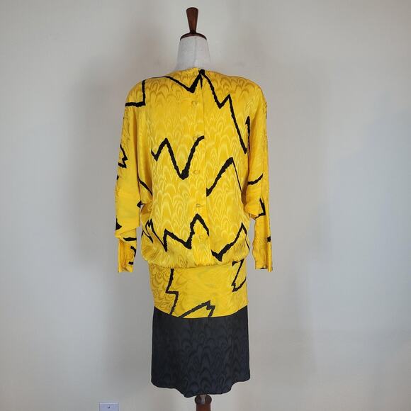 VTG Lillie Rubin Dress 4 Yellow Black Silk Drop Waist Blouson Zigzag Print 80s - Picture 3 of 9